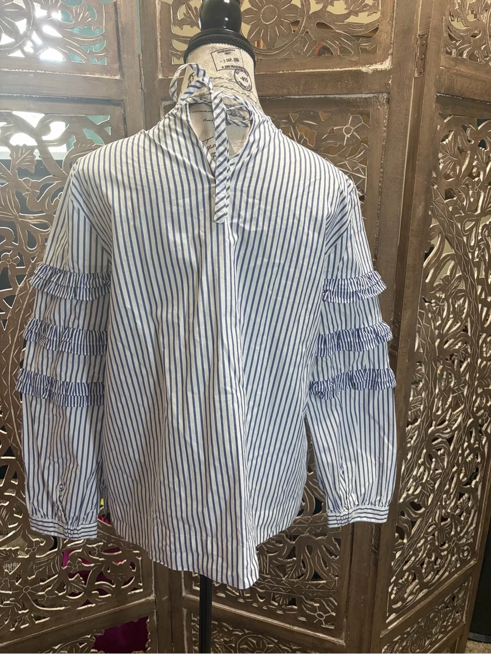 J. Crew Blue & White Striped Ruffle Tier Blouse
